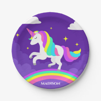 Plato De Papel Nombre personalizado de Fiesta morado de unicornio