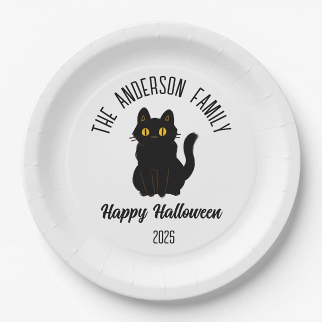 Plato De Papel Nombre personalizado de gato negro asustado de Hal (Anverso)