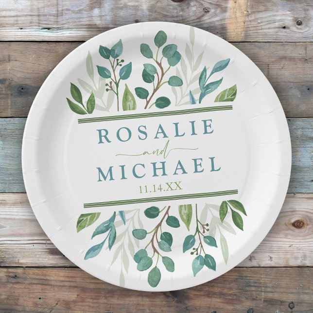 Plato De Papel Nombre personalizado de la vegetación botánica (Botanical Greenery  Custom Wedding Paper Plates)