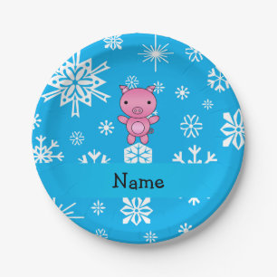 Plato De Papel Nombre personalizado de los copos de nieve azules
