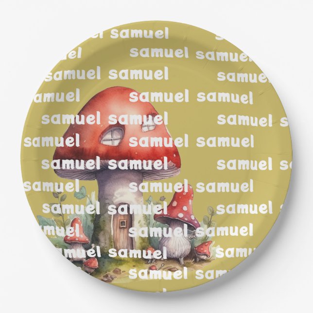 Plato De Papel Nombre personalizado de Mushroom House (Anverso)