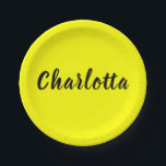 Plato De Papel Nombre personalizado de negro | Color amarillo neó<br><div class="desc">Las placas de papel audaces presentan un diseño de nombre negro personalizado sobre un llamativo fondo amarillo neón. Perfecto para fiestas,  eventos y celebraciones que necesitan un toque vibrante.</div>