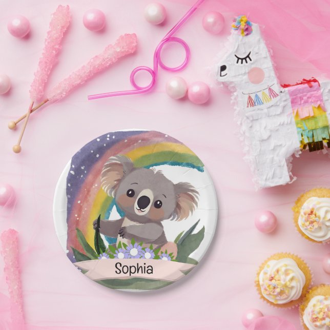 Plato De Papel Nombre personalizado del bebé de Koala Arcoiris (Fiesta)