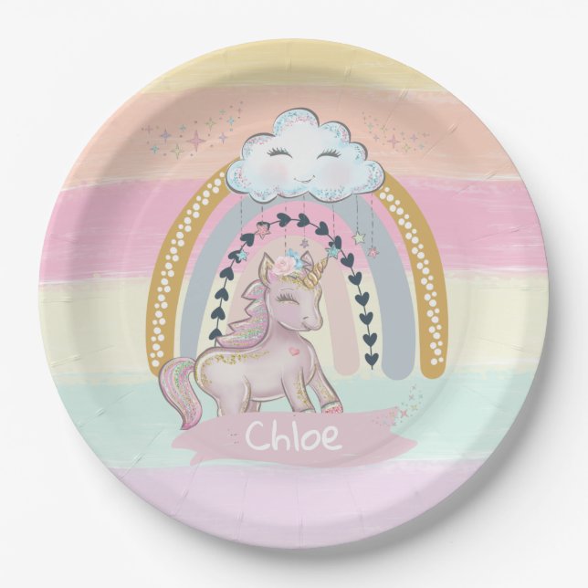 Plato De Papel Nombre personalizado del Chica 🦄 Rainbow Unicorn  (Anverso)