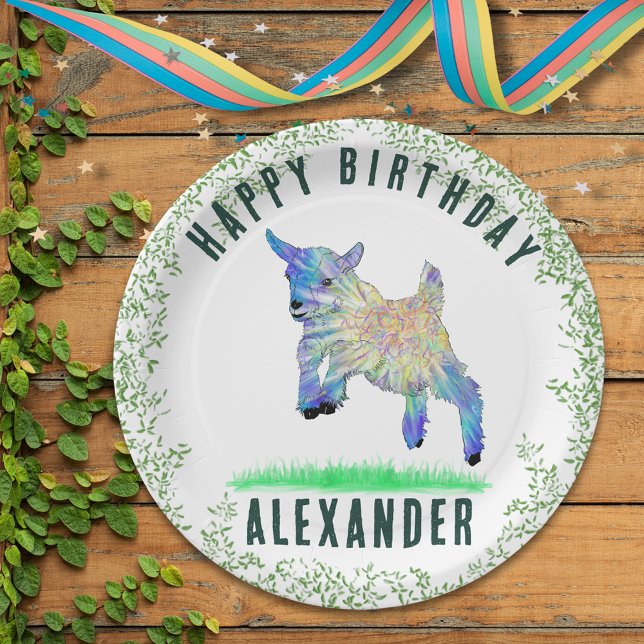 Plato De Papel Nombre personalizado del Fiesta de cumpleaños de C (Cute goat themed personalized kids name birthday party paper plate with colorful jumping pigmy goat)