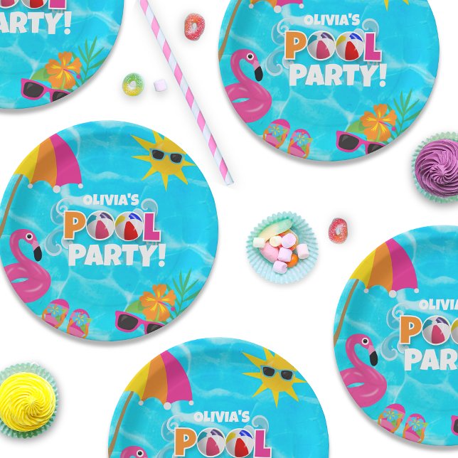 Plato De Papel Nombre personalizado del Fiesta del fondo de diver (Easily personalize these cute pool party paper plates!)