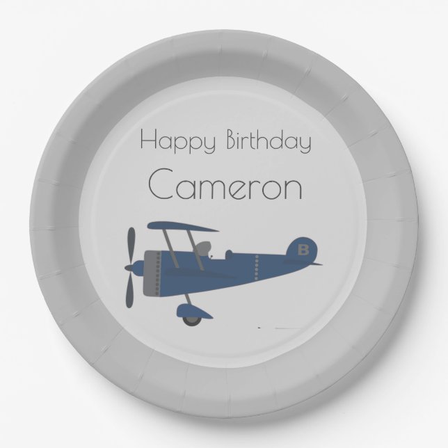 Plato De Papel Nombre personalizado del niño del avión azul marin (Anverso)