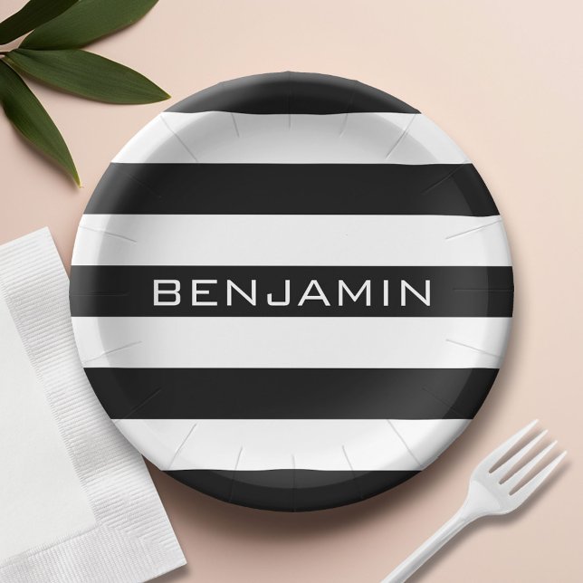 Plato De Papel Nombre personalizado del patrón rayado negro y bla (Custom Paper Plate)