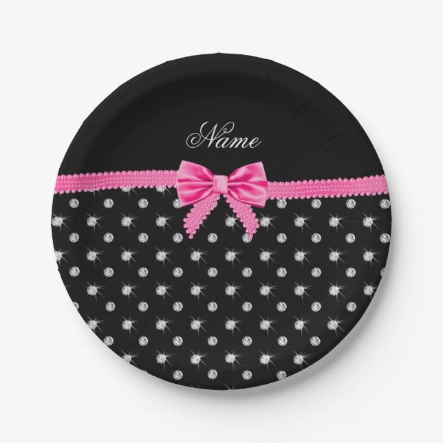 Plato De Papel Nombre personalizado diamantes negros arco rosa (Anverso)