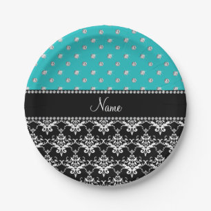 Plato De Papel Nombre personalizado diamantes turquesa de damasco