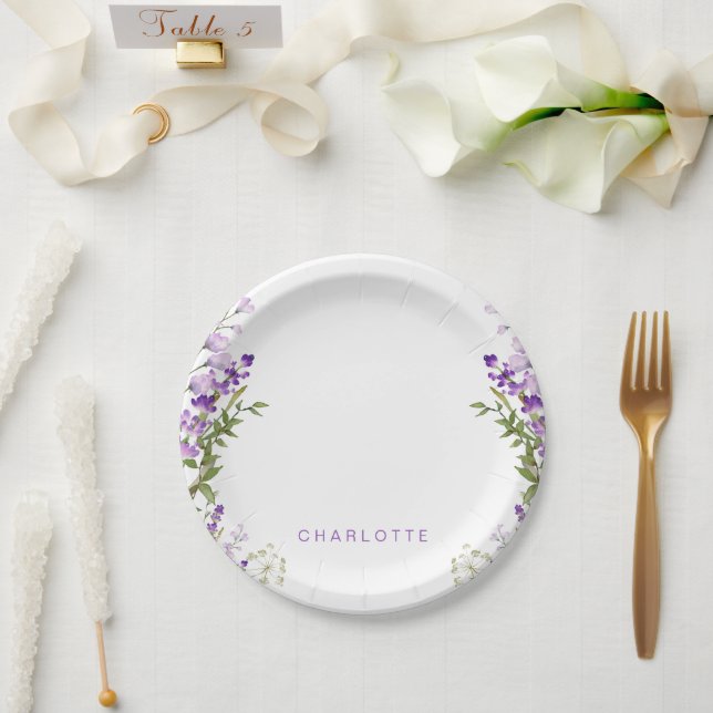 Plato De Papel Nombre personalizado Ducha de lavanda verde (Boda)