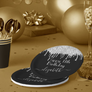 Plato De Papel Nombre Personalizado + Edad Plata Brillo Goteante 