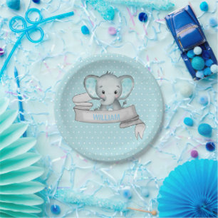 Plato De Papel Nombre personalizado Elephant Baby Boy Blue & Grey