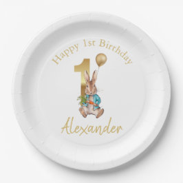 Plato De Papel Nombre personalizado Feliz primer cumpleaños Globo