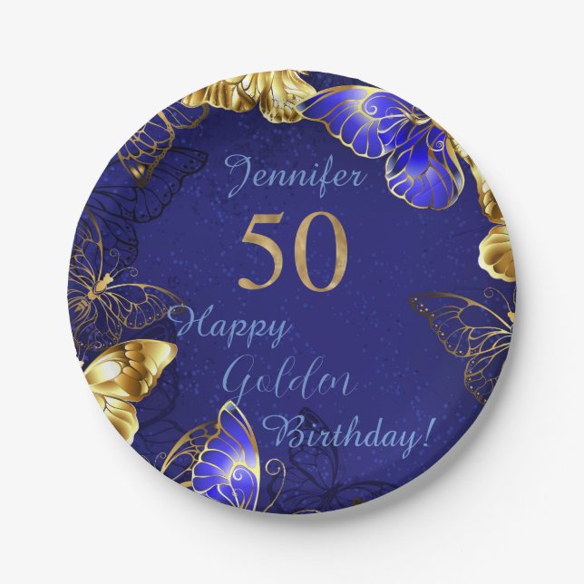 Plato De Papel Nombre personalizado Fiesta de mariposa azul Placa (Anverso)