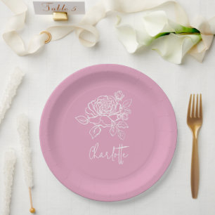 Plato De Papel Nombre personalizado Floral de rosas rosadas
