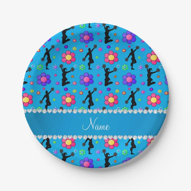 Plato De Papel Nombre personalizado Flores animadoras azules (Anverso)