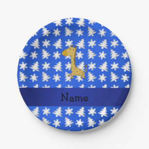 Plato De Papel Nombre personalizado: giraffe, copos de nieve azul