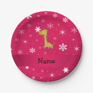 Plato De Papel Nombre personalizado giraffe copos de nieve rosa