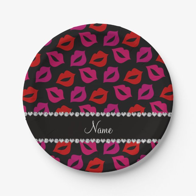 Plato De Papel Nombre personalizado labios rosados rojos negros (Anverso)