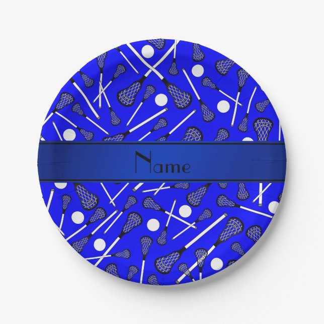Plato De Papel Nombre personalizado lacrosse azul (Anverso)