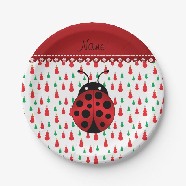 Plato De Papel Nombre personalizado ladybug rojo muñeco de nieve  (Anverso)