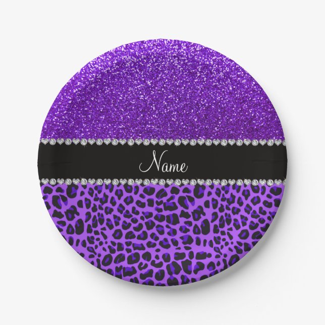 Plato De Papel Nombre personalizado leopardo morado índigo purpur (Anverso)