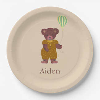 Plato De Papel Nombre personalizado lindo oso beige para niños