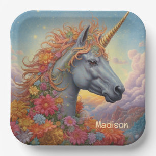 Plato De Papel Nombre personalizado lindo unicornio