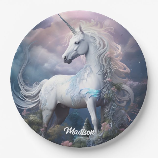 Plato De Papel Nombre personalizado lindo unicornio (Anverso)