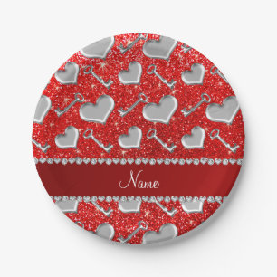 Plato De Papel Nombre personalizado llaves de corazón plateado ne