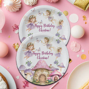 Plato De Papel Nombre Personalizado Magic Fairies Pink Mushrooms