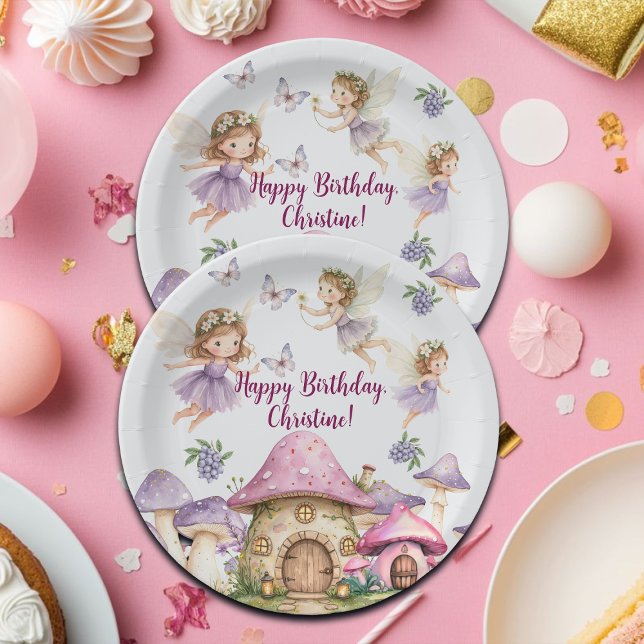 Plato De Papel Nombre Personalizado Magic Fairies Pink Mushrooms  (Subido por el creador)