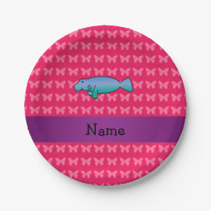 Plato De Papel Nombre personalizado manatee mariposas rosas