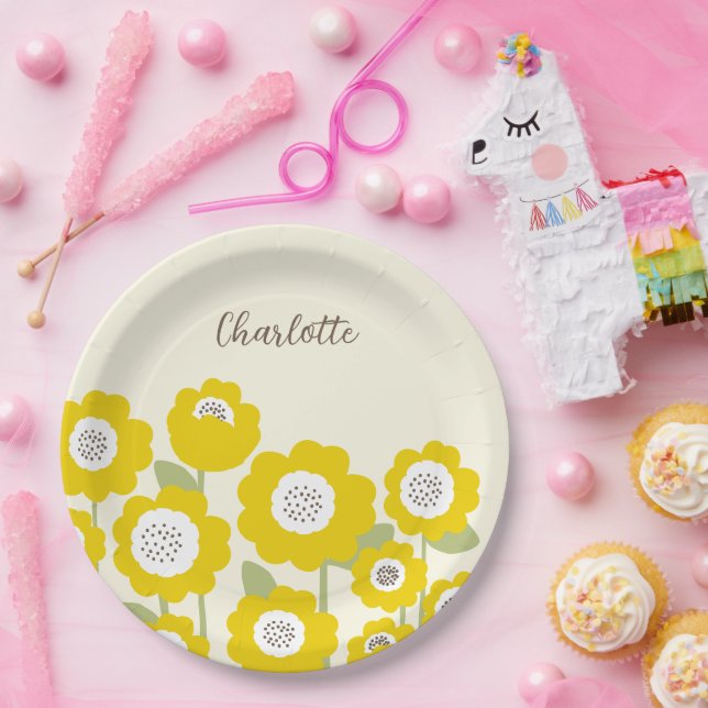 Plato De Papel Nombre personalizado mínimo de girasol moderno min (Fiesta)