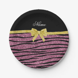 Plato De Papel Nombre personalizado misty rosa purpurina rayas de