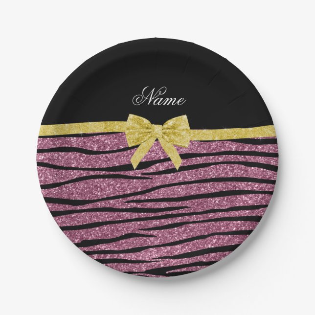 Plato De Papel Nombre personalizado misty rosa purpurina rayas de (Anverso)