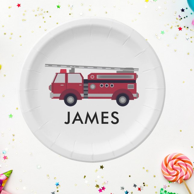 Plato De Papel Nombre Personalizado Moderno Camión Rojo Cumpleaño (Fireman Firetruck Boys birthday Party paper plate Modern Firefighter birthday theme)