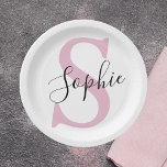 Plato De Papel Nombre personalizado moderno Monograma rosa<br><div class="desc">Nombre personalizado moderno Monograma rosa</div>