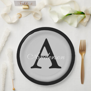 Plato De Papel Nombre personalizado Monograma Plata botón metálic