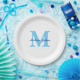 Plato De Papel  Nombre personalizado Monogramas Blue Birdays Baby