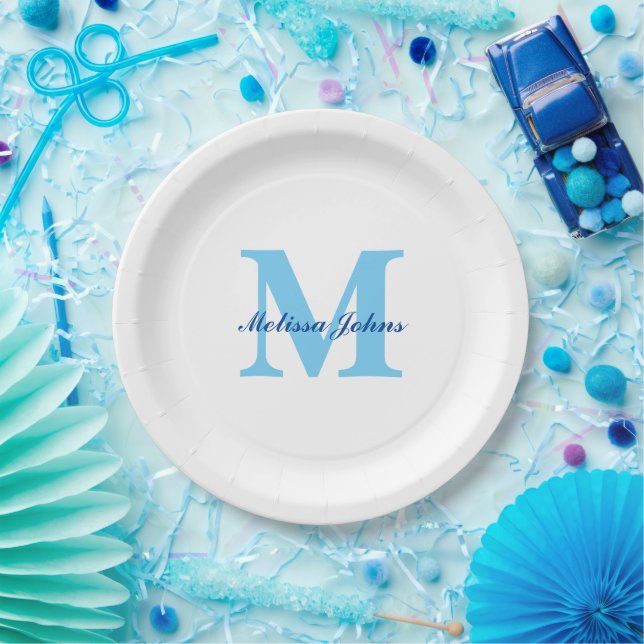 Plato De Papel  Nombre personalizado Monogramas Blue Birdays Baby (Fiesta)