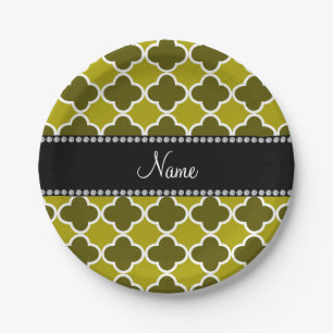 Plato De Papel Nombre personalizado mostaza amarilla quatrefoil