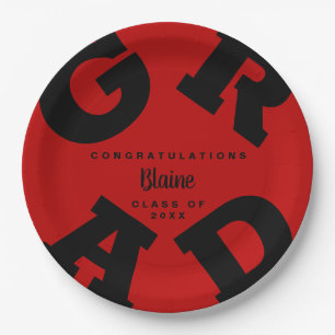 Plato De Papel Nombre personalizado negro en graduación roja esc