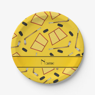 Plato De Papel Nombre personalizado Palos de hockey amarillo para