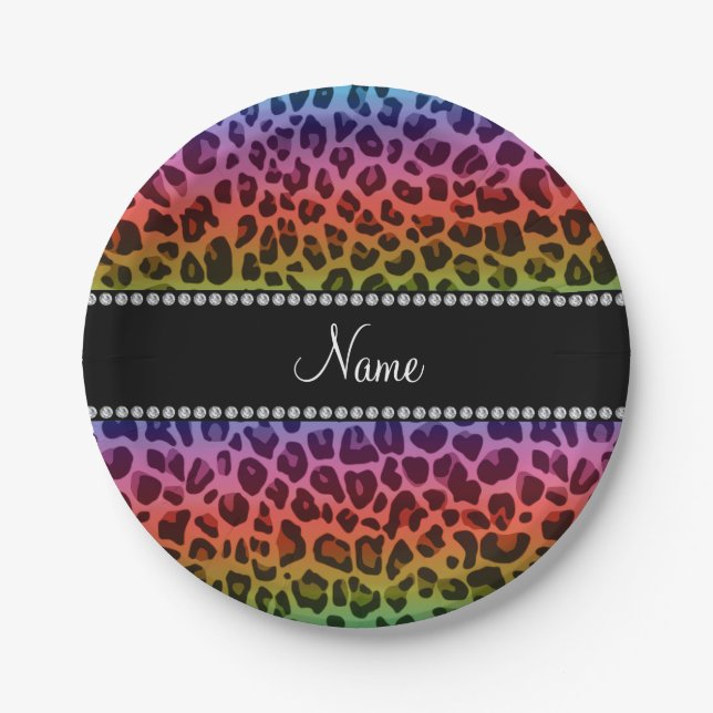 Plato De Papel Nombre personalizado patrón de leopardo arco iris (Anverso)
