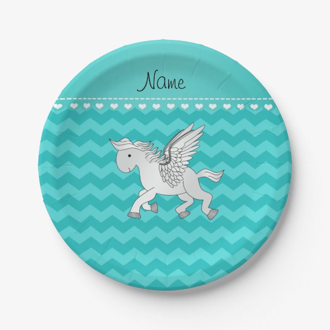 Plato De Papel Nombre personalizado pegasus chevrons turquesa (Anverso)