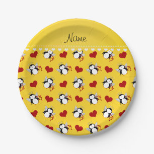 Plato De Papel Nombre personalizado pingüinos cupido amarillos co
