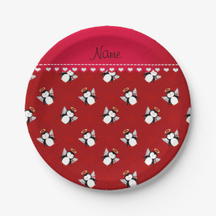 Plato De Papel Nombre personalizado pingüinos cupido rojos corazo