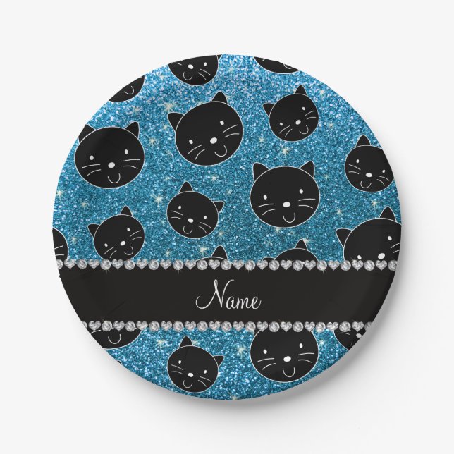 Plato De Papel Nombre personalizado purpurina azul cielo rostros  (Anverso)